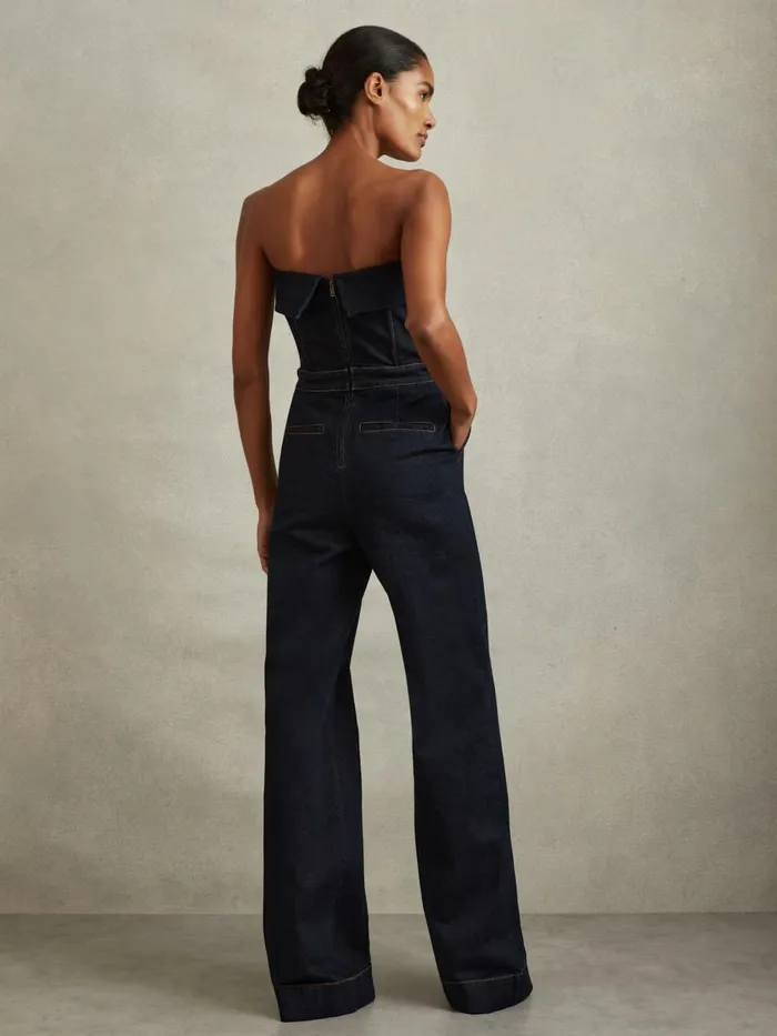 Women Reiss Jumpsuits and Playsuits Tiggie Denim Strapless Wide Leg Jumpsuit Indigo