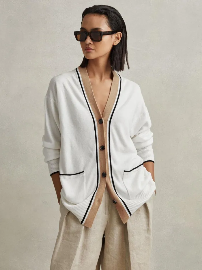 Women Reiss Knitwear Carly Wool Blend Contrast Trim Cardigan Ivoryblack