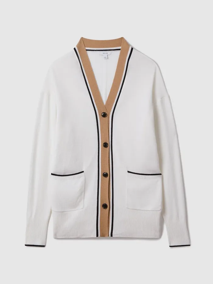 Women Reiss Knitwear Carly Wool Blend Contrast Trim Cardigan Ivoryblack