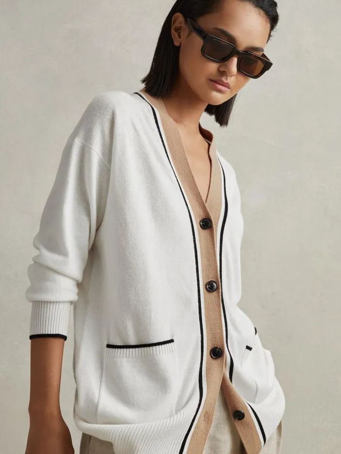 Women Reiss Knitwear Carly Wool Blend Contrast Trim Cardigan Ivoryblack