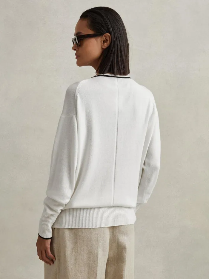 Women Reiss Knitwear Carly Wool Blend Contrast Trim Cardigan Ivoryblack