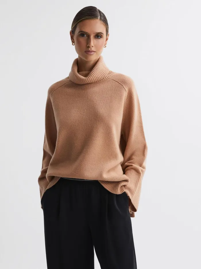 Women Reiss Knitwear Edina Relaxed WoolCashmere Blend Roll Neck Jumper Camel