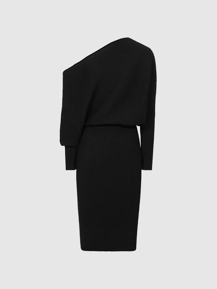Women Reiss Knitwear Lara OffShoulder Ribbed Dress Black