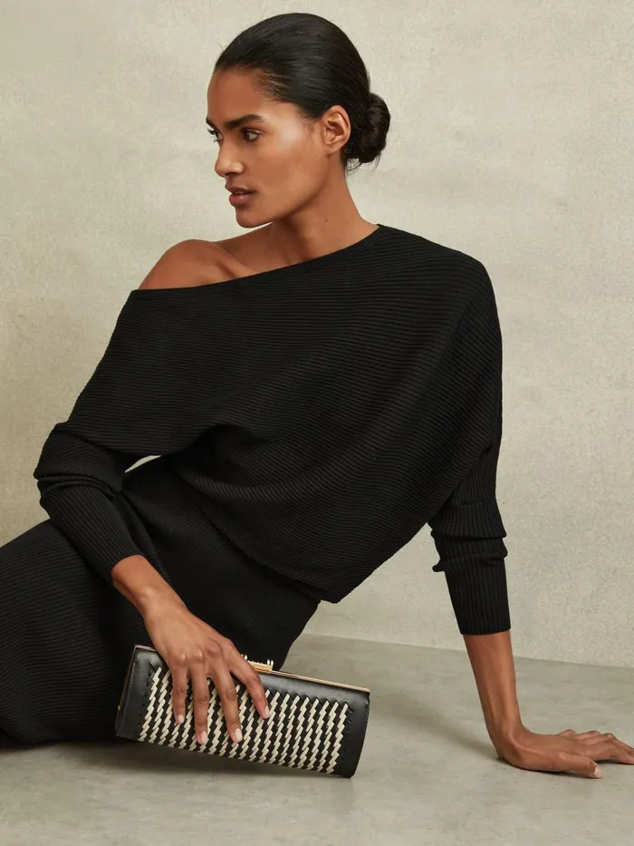 Women Reiss Knitwear Lara OffShoulder Ribbed Dress Black
