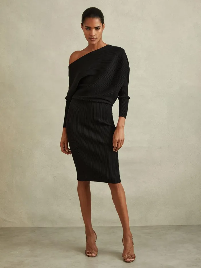Women Reiss Knitwear Lara OffShoulder Ribbed Dress Black