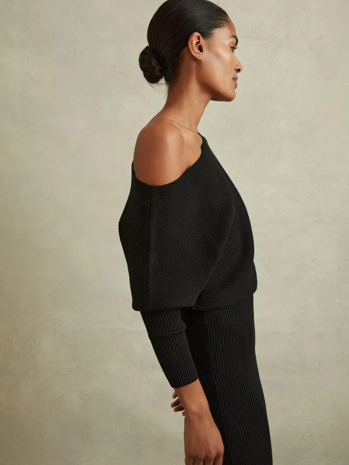 Women Reiss Knitwear Lara OffShoulder Ribbed Dress Black
