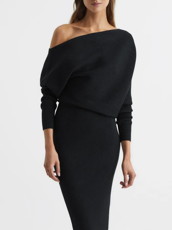 Women Reiss Knitwear Lara OffShoulder Ribbed Dress Black