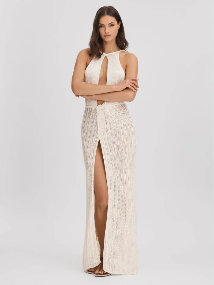 Women Reiss Knitwear Morrow Ivory Sheer Knitted Maxi Dress Ivory