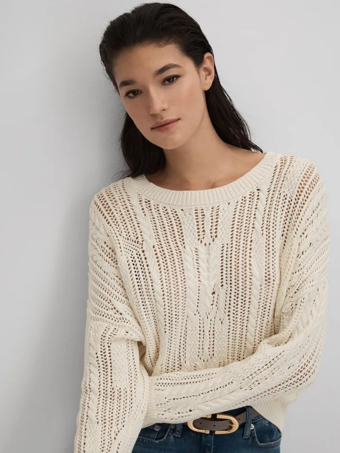 Women Reiss Knitwear Tanya Cotton Blend Open Stitch Crew Neck Jumper Ivory