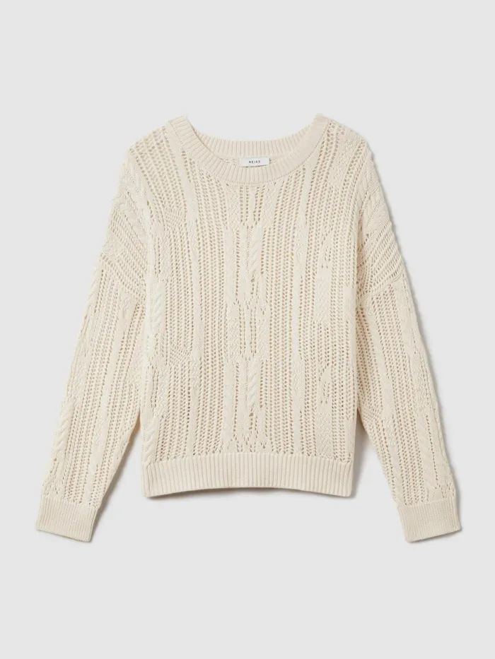 Women Reiss Knitwear Tanya Cotton Blend Open Stitch Crew Neck Jumper Ivory