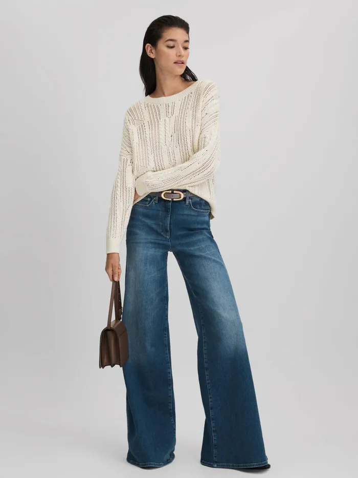Women Reiss Knitwear Tanya Cotton Blend Open Stitch Crew Neck Jumper Ivory