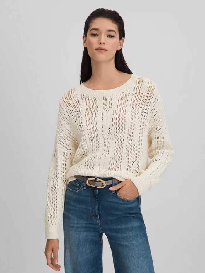 Women Reiss Knitwear Tanya Cotton Blend Open Stitch Crew Neck Jumper Ivory