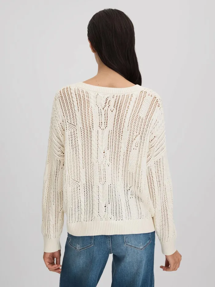 Women Reiss Knitwear Tanya Cotton Blend Open Stitch Crew Neck Jumper Ivory