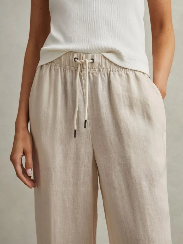 Women Reiss Pants Cleo Garment Dyed Wide Leg Linen Trousers Oatmeal