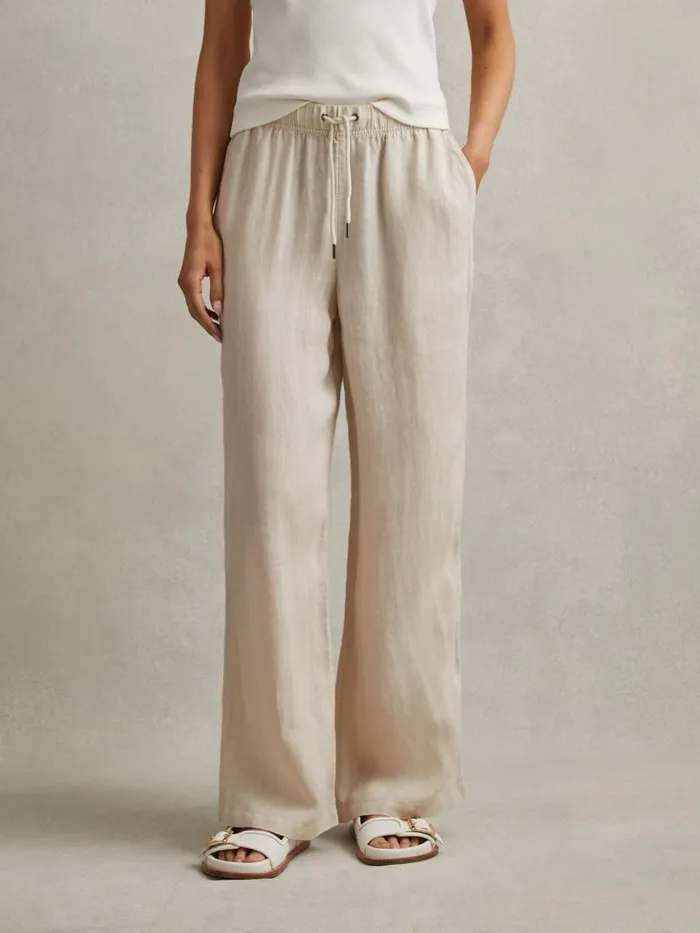 Women Reiss Pants Cleo Garment Dyed Wide Leg Linen Trousers Oatmeal