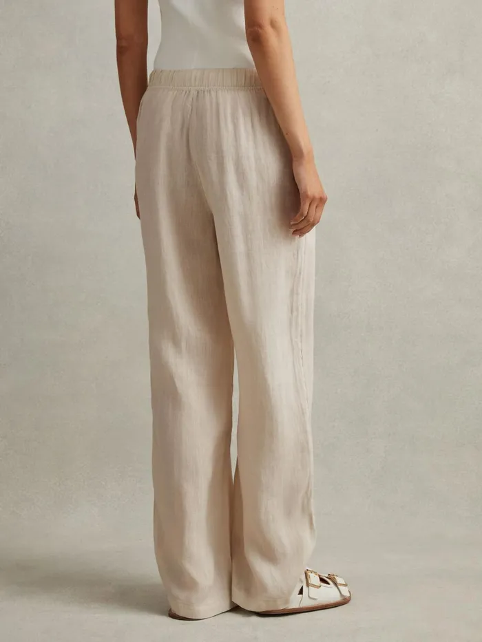 Women Reiss Pants Cleo Garment Dyed Wide Leg Linen Trousers Oatmeal