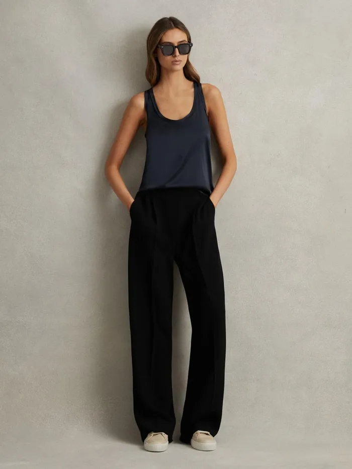 Women Reiss Pants Eden HalfElasticated Wide Leg Trousers Black