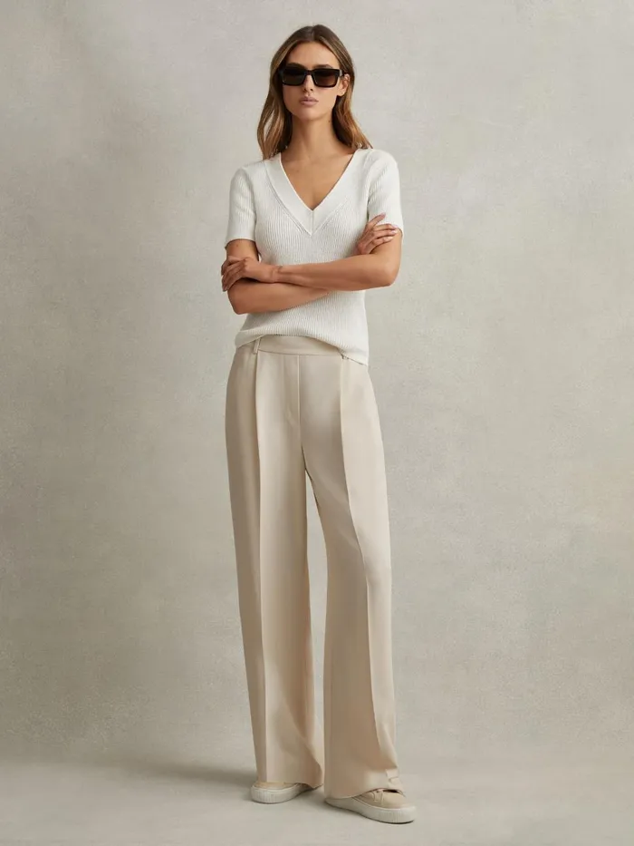 Women Reiss Pants Eden HalfElasticated Wide Leg Trousers Cream