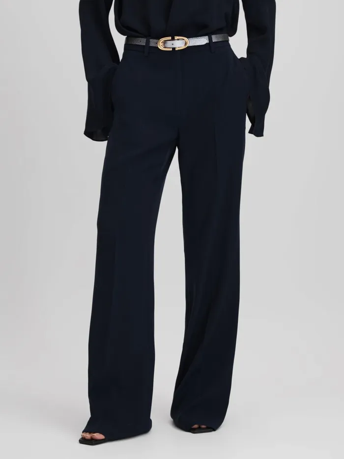 Women Reiss Pants Margeaux Wide Leg Suit Trousers Navy