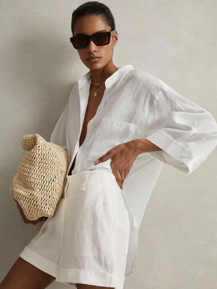 Women Reiss Shorts Demi Linen Garment Dyed Shorts White