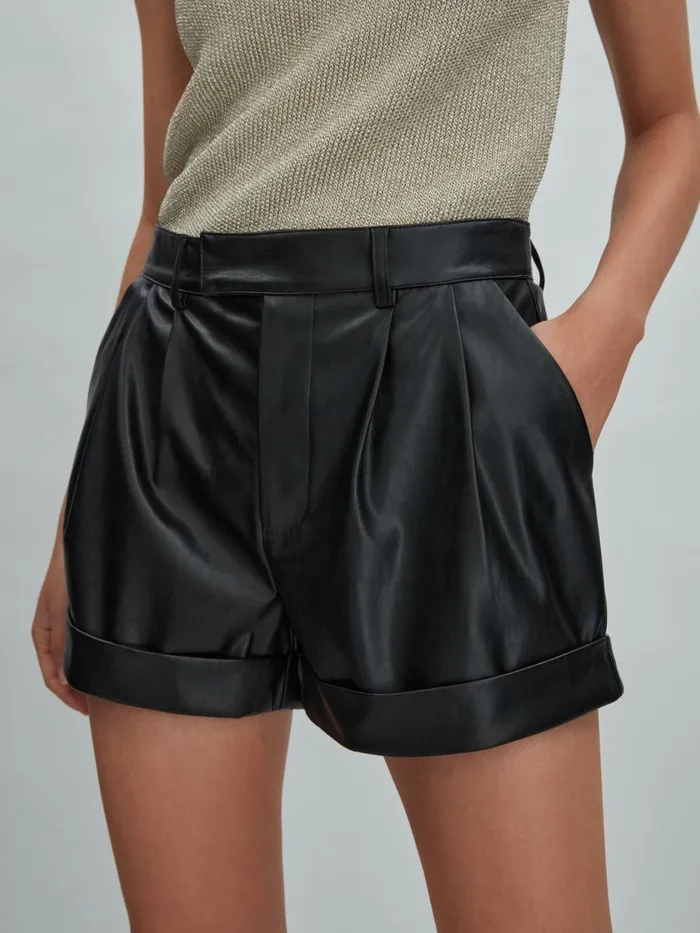 Women Reiss Shorts Front Pleat Faux Fur Leather Shorts Black