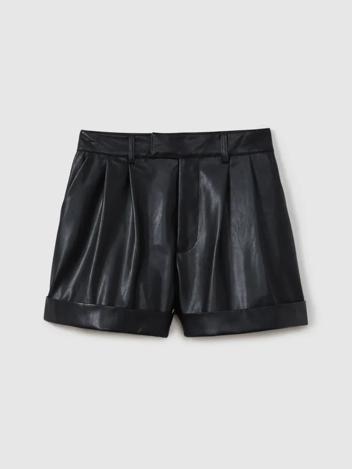 Women Reiss Shorts Front Pleat Faux Fur Leather Shorts Black