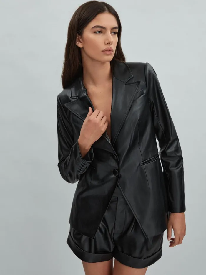 Women Reiss Shorts Front Pleat Faux Fur Leather Shorts Black