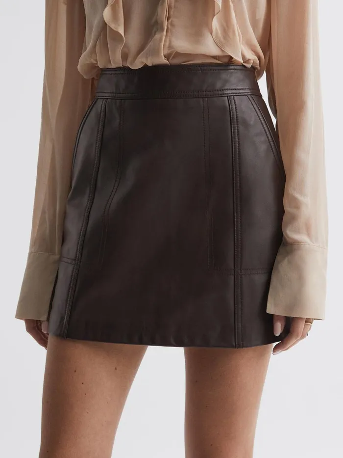 Women Reiss Skirts Edie Leather High Rise Mini Skirt Chocolate