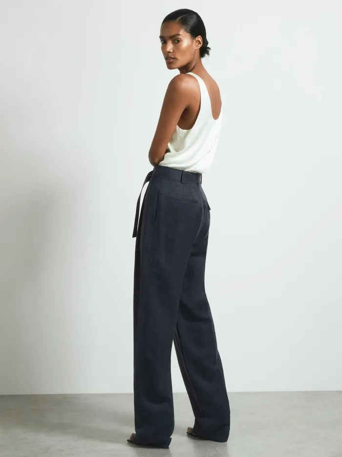 Women Reiss Suits and Tailoring Cupro Belted Suit Trousers Navy