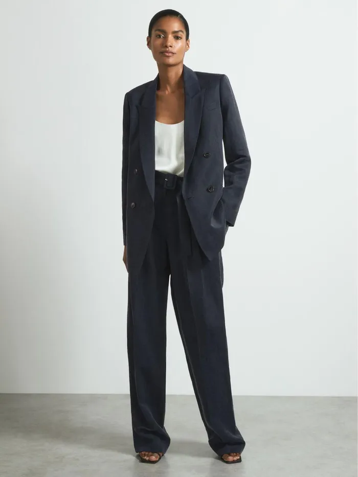 Women Reiss Suits and Tailoring Cupro Belted Suit Trousers Navy