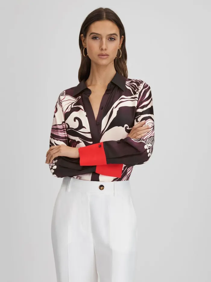 Women Reiss Tops Kari Printed HighLow ButtonThrough Shirt Burgundycream