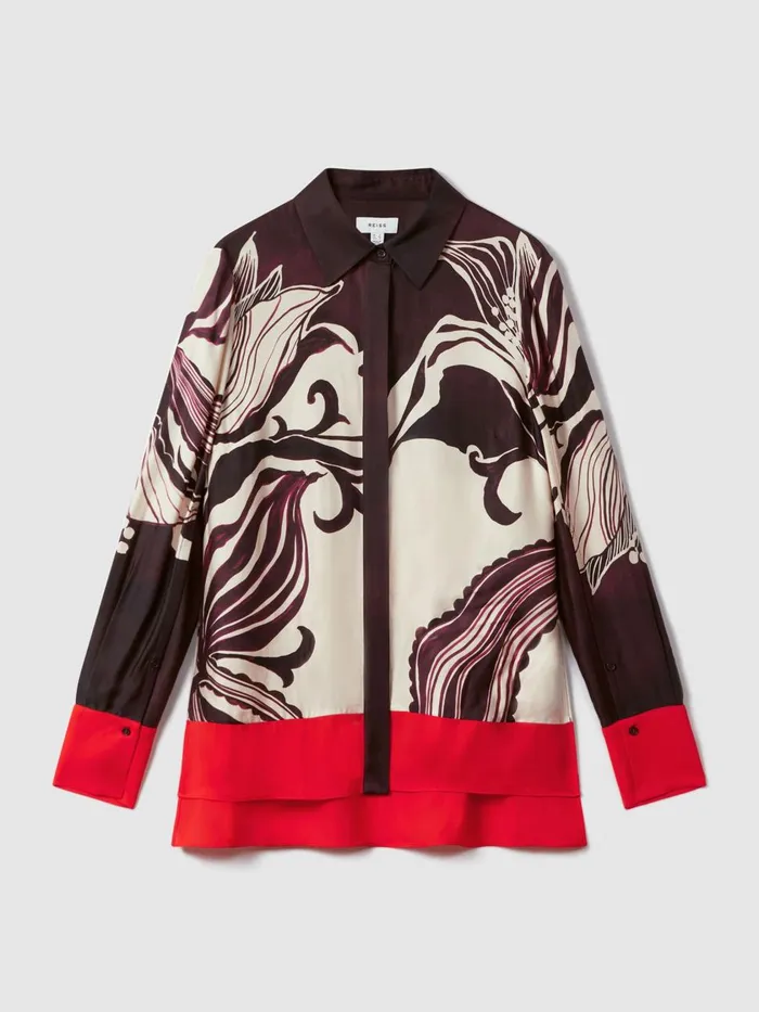 Women Reiss Tops Kari Printed HighLow ButtonThrough Shirt Burgundycream
