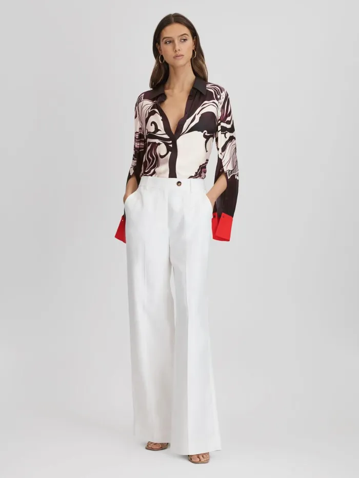 Women Reiss Tops Kari Printed HighLow ButtonThrough Shirt Burgundycream
