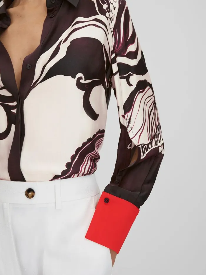 Women Reiss Tops Kari Printed HighLow ButtonThrough Shirt Burgundycream