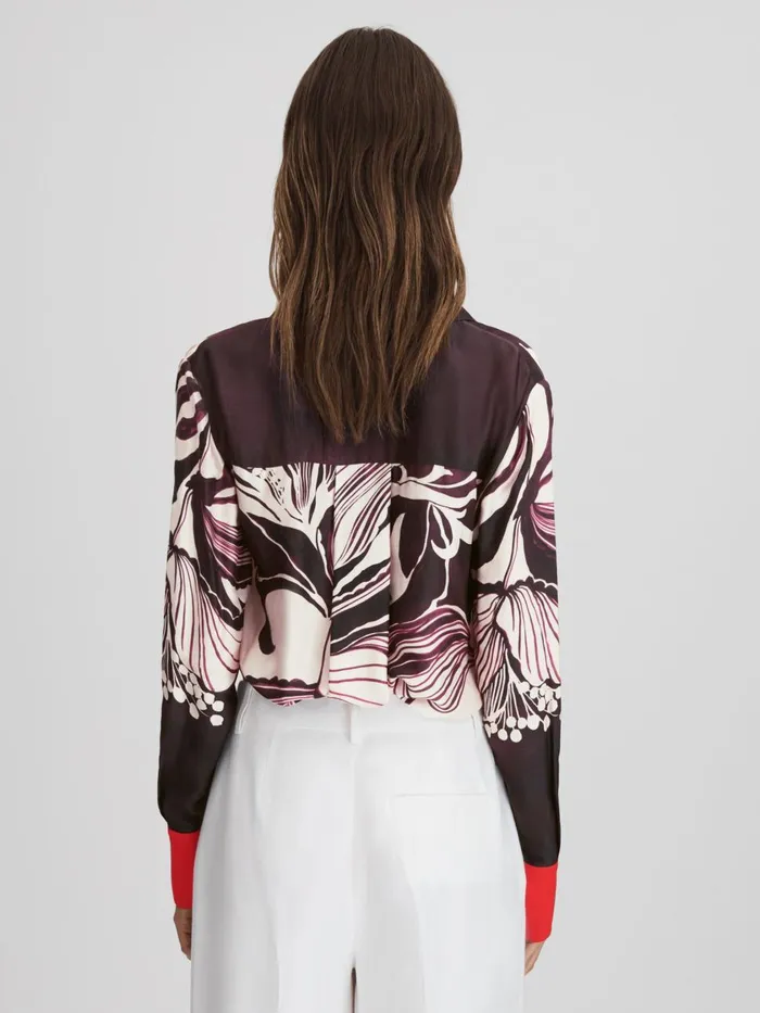 Women Reiss Tops Kari Printed HighLow ButtonThrough Shirt Burgundycream