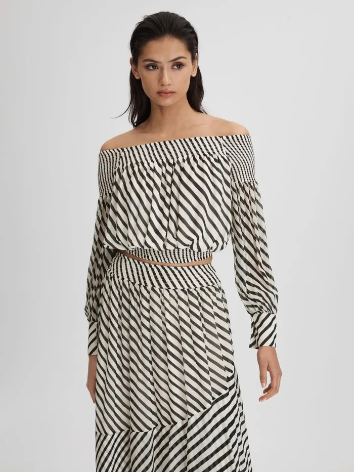Women Reiss Tops Lea Striped Bardot Cropped Top Blackcream