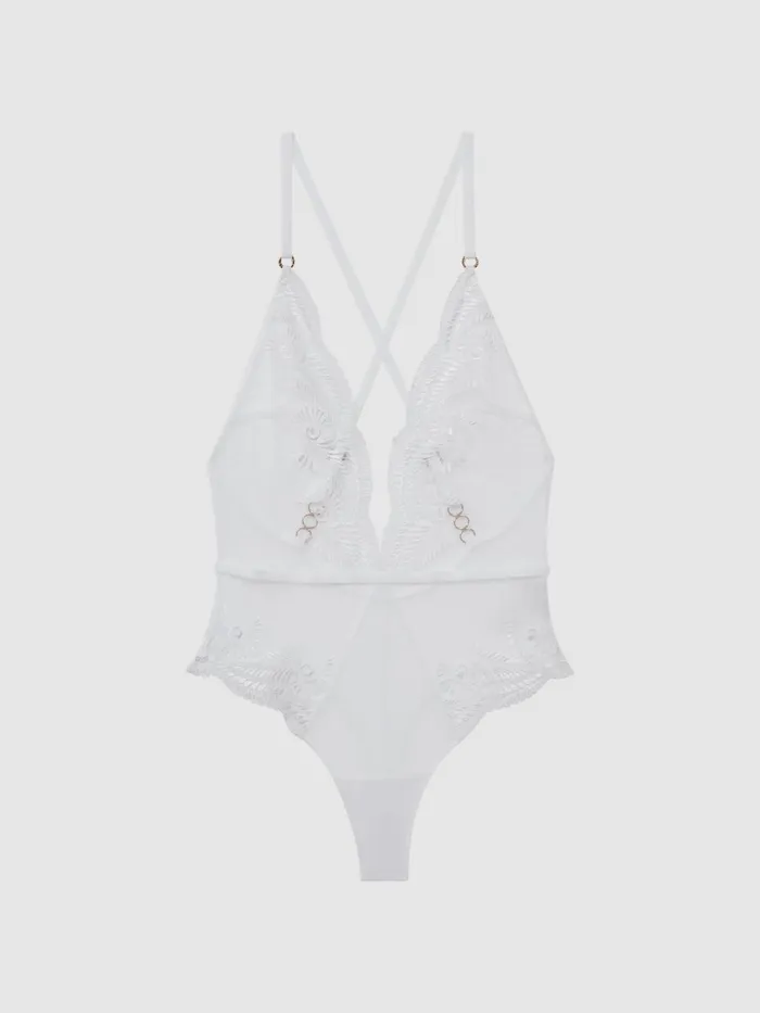 Women Reiss Tops Sheer Plunge Neck Bodysuit White