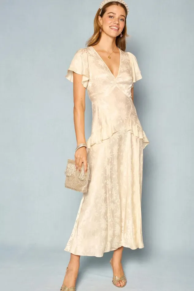 Women RIXO All Bridal Evie Silk Midi Dress Daisy Jacquard Champagne