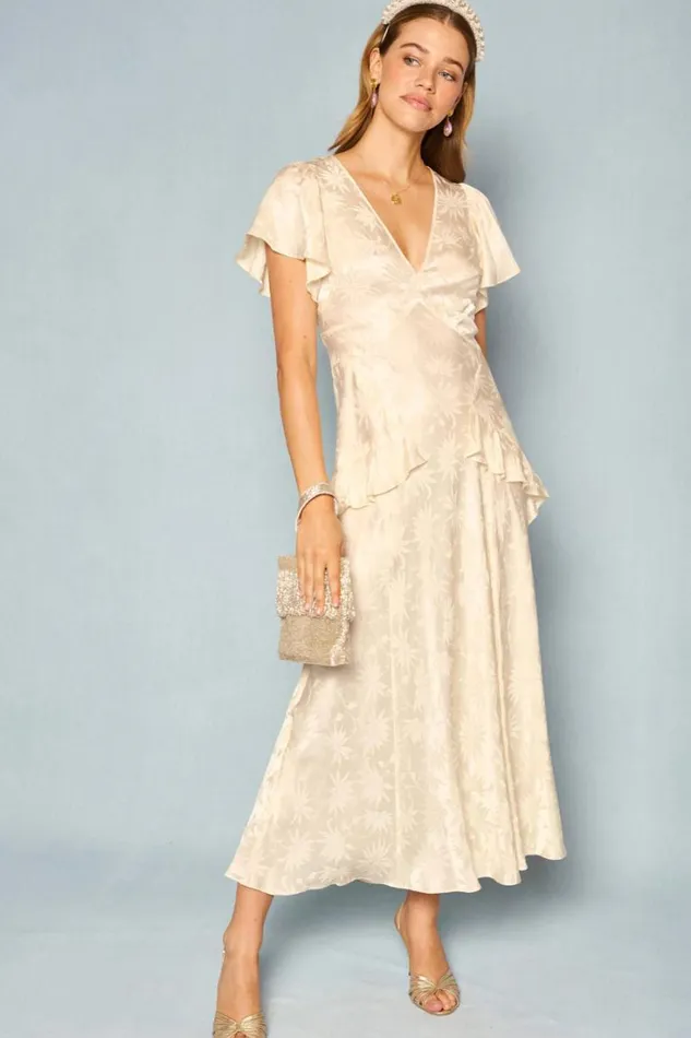Women RIXO All Bridal Evie Silk Midi Dress Daisy Jacquard Champagne