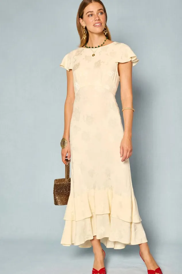 Women RIXO All Bridal Liberty Tiered Midi Dress Ivory Poppy Jacquard