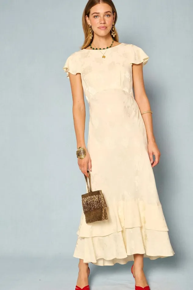 Women RIXO All Bridal Liberty Tiered Midi Dress Ivory Poppy Jacquard