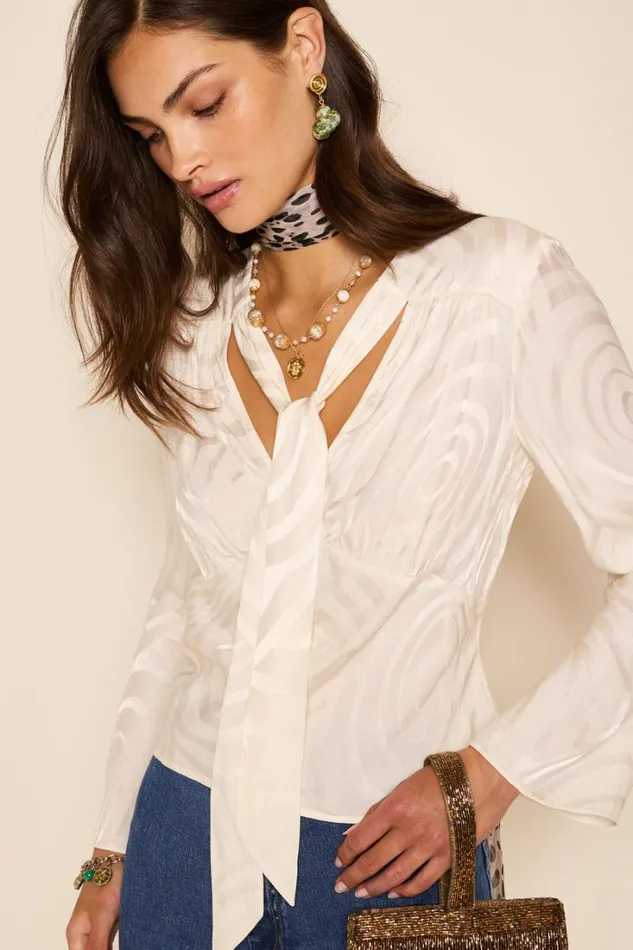 Women RIXO All Clothing Abel TieNeck Blouse Whirlpool Jacquard Cream