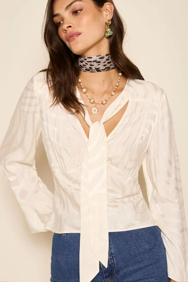Women RIXO All Clothing Abel TieNeck Blouse Whirlpool Jacquard Cream