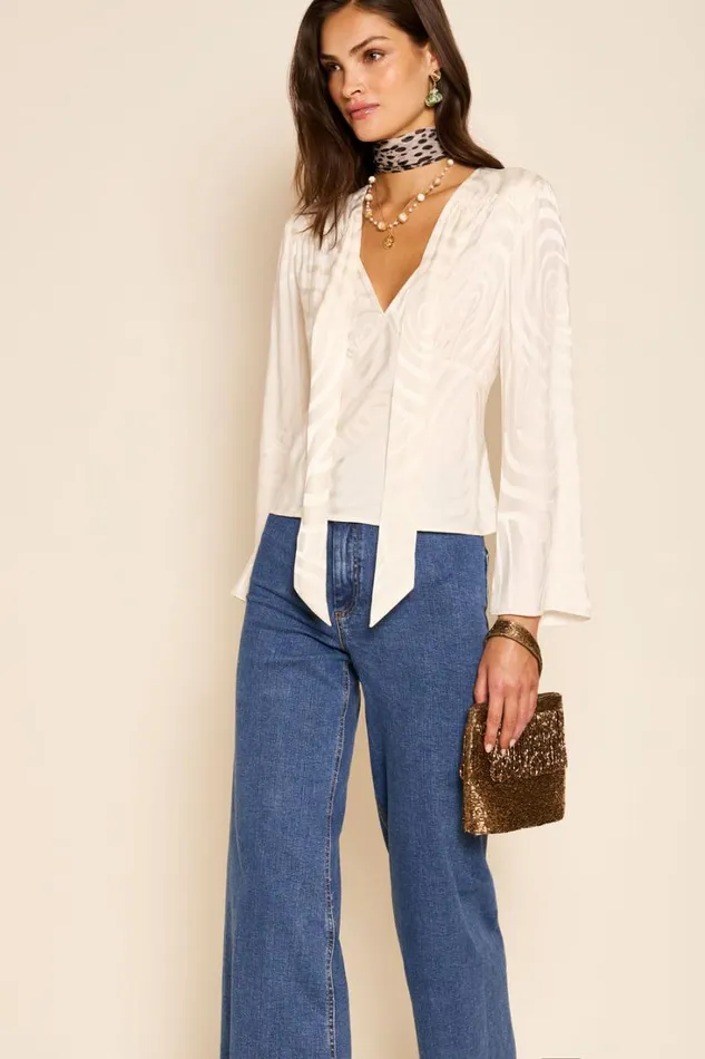 Women RIXO All Clothing Abel TieNeck Blouse Whirlpool Jacquard Cream