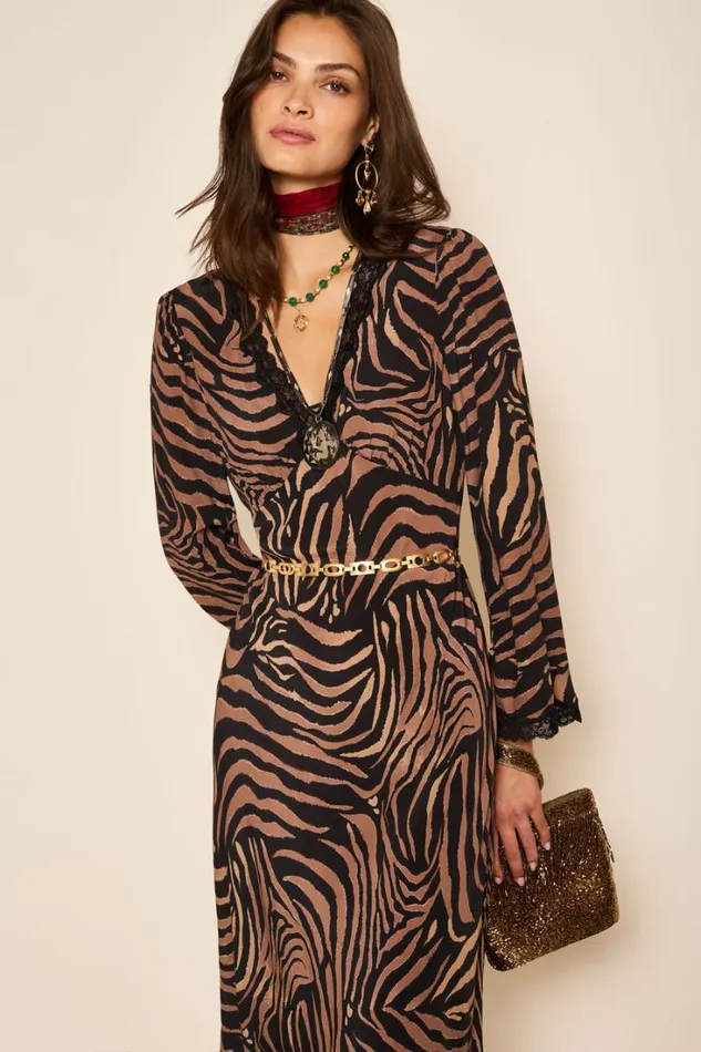 Women RIXO All Clothing Blair Midi Dress Tiger Patchwork Black
