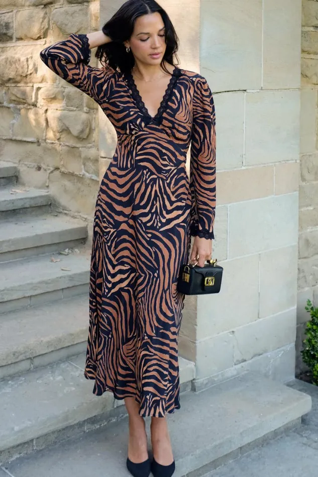 Women RIXO All Clothing Blair Midi Dress Tiger Patchwork Black