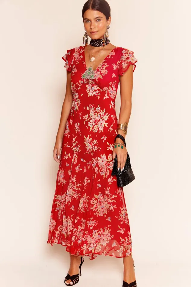 Women RIXO All Clothing Cinzia Silk Maxi Dress Bouquet Floral Merlot