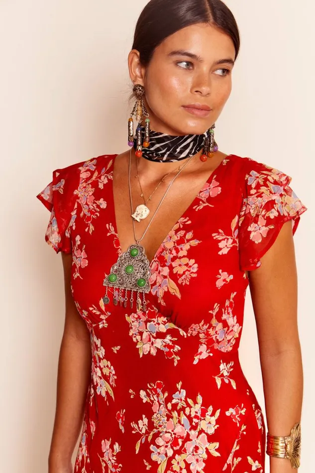 Women RIXO All Clothing Cinzia Silk Maxi Dress Bouquet Floral Merlot
