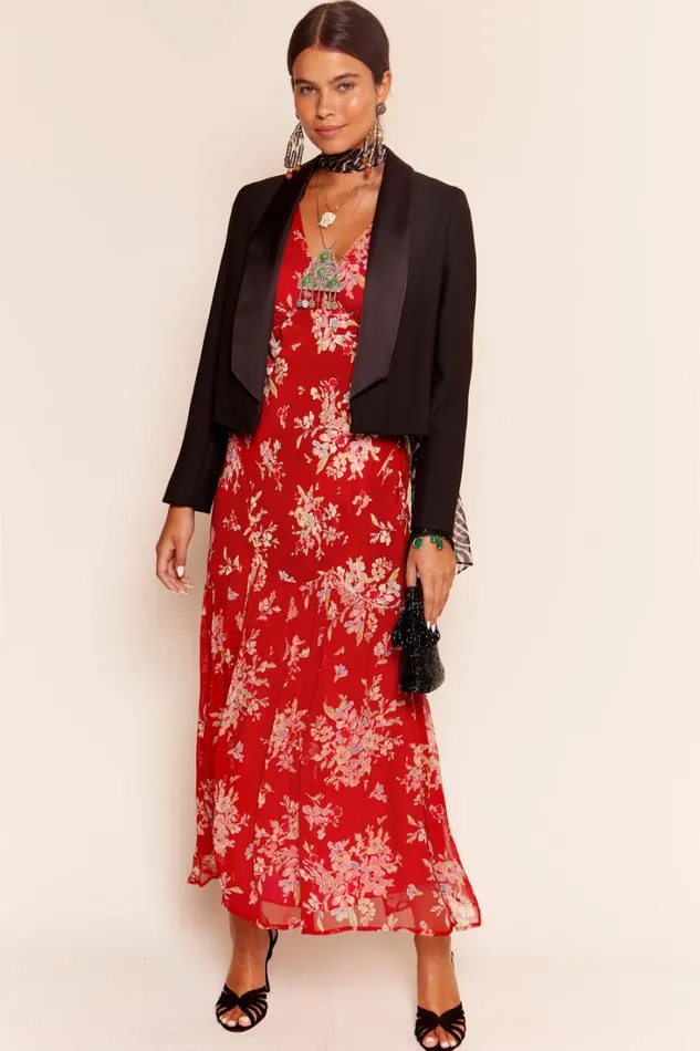 Women RIXO All Clothing Cinzia Silk Maxi Dress Bouquet Floral Merlot