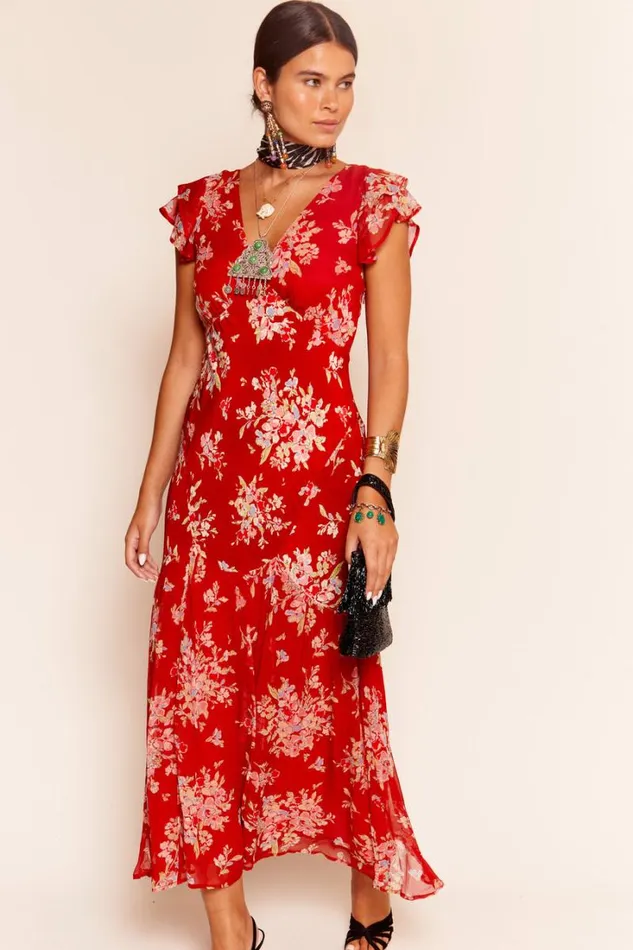 Women RIXO All Clothing Cinzia Silk Maxi Dress Bouquet Floral Merlot